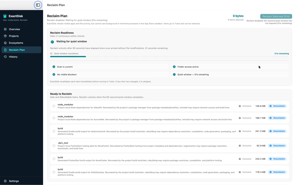 Reclaim waiting for a write-quiet window, with 51 seconds remaining and selection disabled.