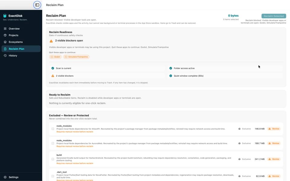 Reclaim disabled while Godot and SimulatorTrampoline are open, with items excluded for manual review.